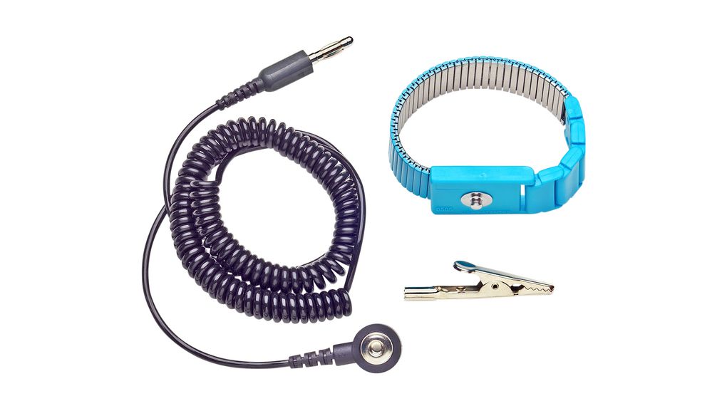 ESD-Handgelenkband aus Metall mit Clip und Kabel, Schwarz / Blau