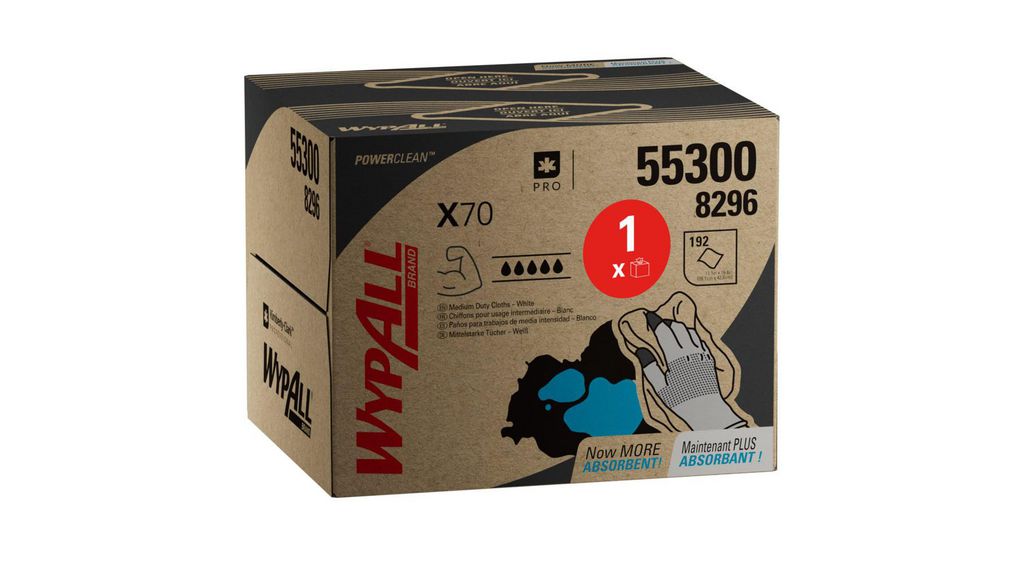 WYPALL WypAll® X70 Power Clean™ 8296 White Cloths for General Cleaning, Dry Use, Box of 200, 426 x 282mm, Repeat Use Packung à 200 Stück