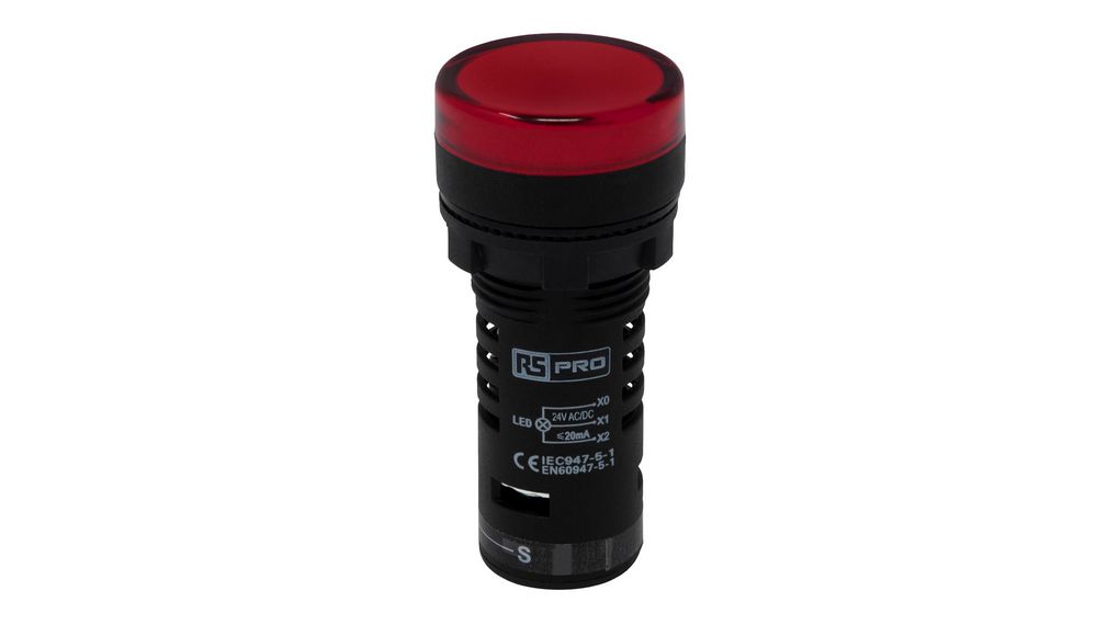 RS PRO, Panel Mount Red LED Pilot Light, 22mm Cutout, IP65, Round, 24V ac/dc