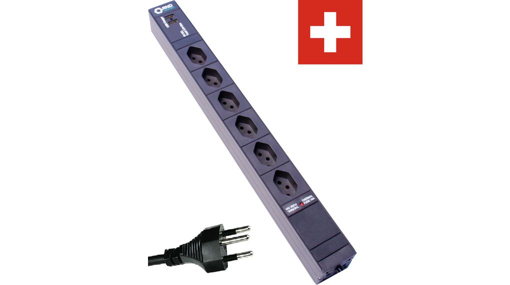 RND 465-00214, RND Bloc multiprise avec chargeur USB 6x Prise CH Type J  (T13) - Fiche CH Type J (T12) Noir 3m