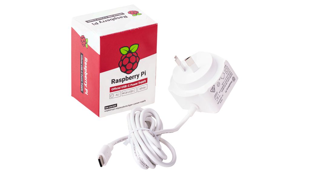 Raspberry Pi - laturi, 5V, 3A, USB Type-C, AU-pistoke, valkoinen