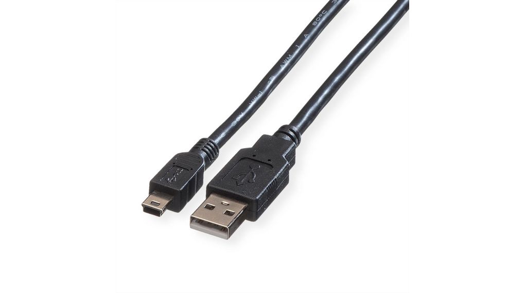 Cable, USB A dugó - USB Mini-B 5 tűs dugasz, 1.8m, USB 2.0, Fekete