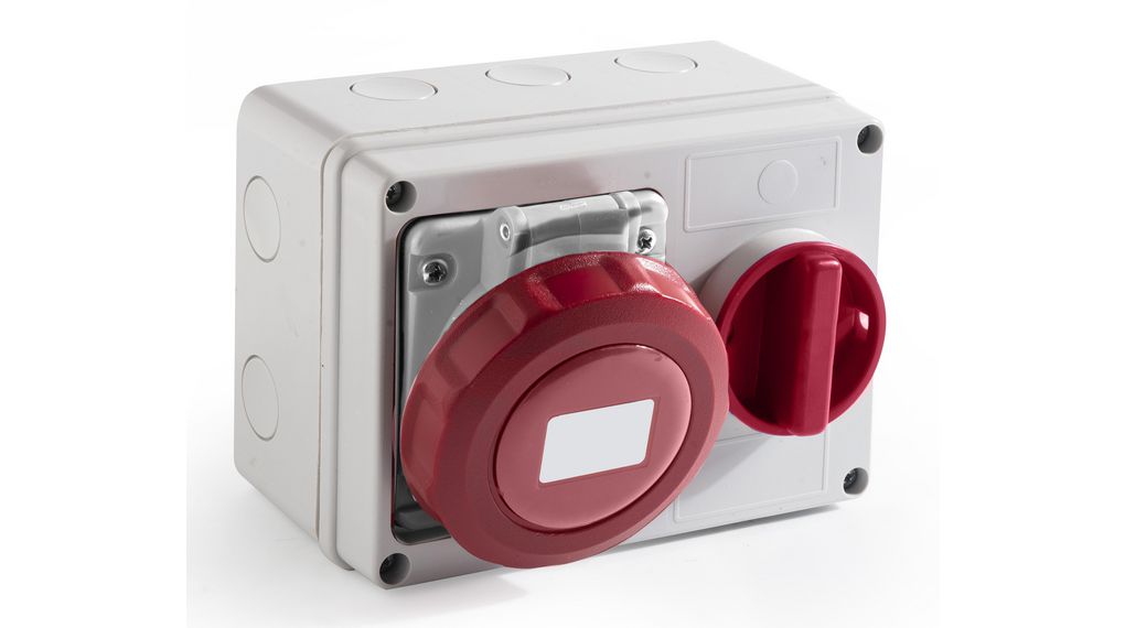 IP67 Red Wall Mount 3P + N + E Horizontal Industrial Power Socket, Rated At 32A, 400 V
