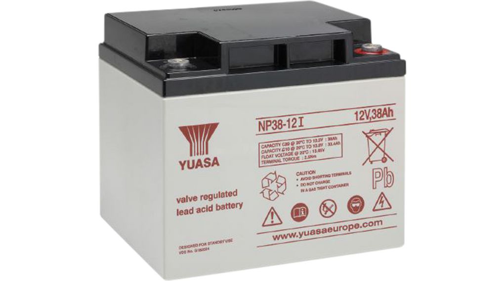 Rechargeable Battery, Lead-Acid, 12V, 38Ah, Screw Terminal, M5