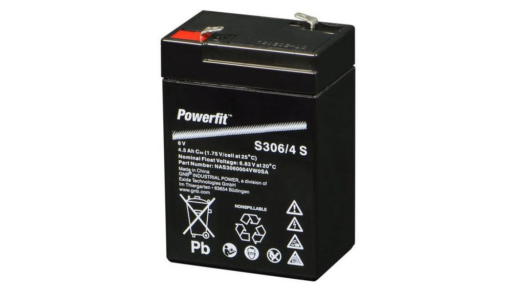 S306/4 S, Exide Batterie rechargeable, Plomb-Acide, 6V, 4.5Ah, Borne à  lame, 4.8 mm