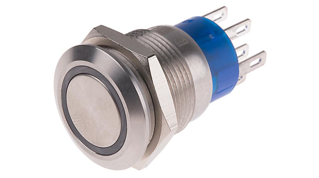 Illuminated Push Button Switch, Latching, Panel Mount, 19.2mm Cutout, DPDT, Red LED, 250V ac, IP67