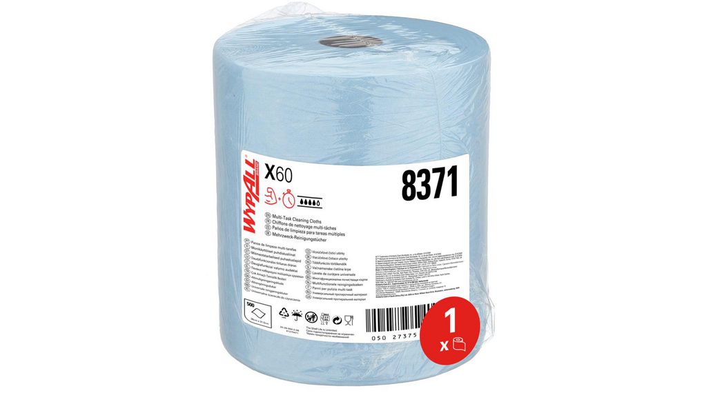 WYPALL X60 General Clean Multi-task Cleaning Cloths 8371 Blue Wipes for Surface Cleaning, Dry Use, Roll of 500, 385 x