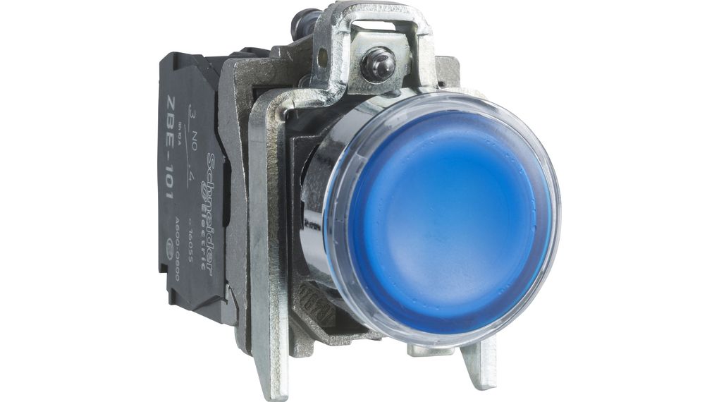 Illuminated Pushbutton Switch, Harmony XB4, Plastic, Blue, Flush Mount, 22mm, LED Lamp, 1NC + 1NO, 24V