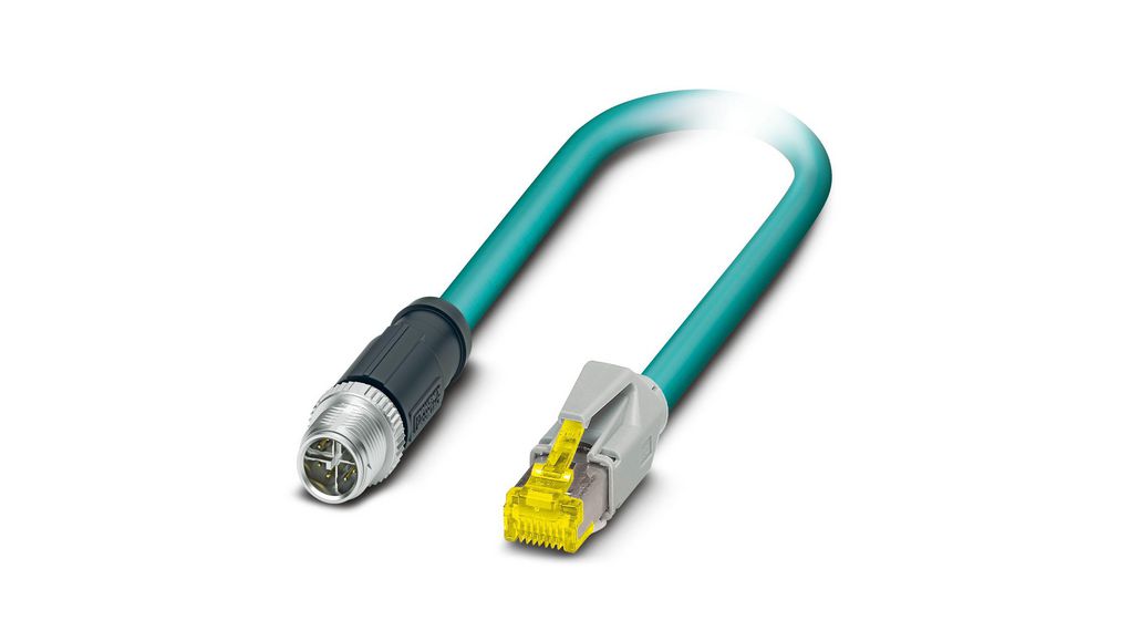 Cordset, M12 Plug - RJ45 Plug, 8 Conductors, 1m, IP67, Teal