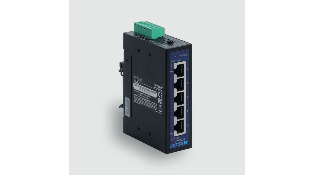 F Lutze Ltd DIN Rail Mount Industrial Ethernet Switch, 5 RJ45 Ports, 1000Mbit/s Transmission, 12 → 48V dc