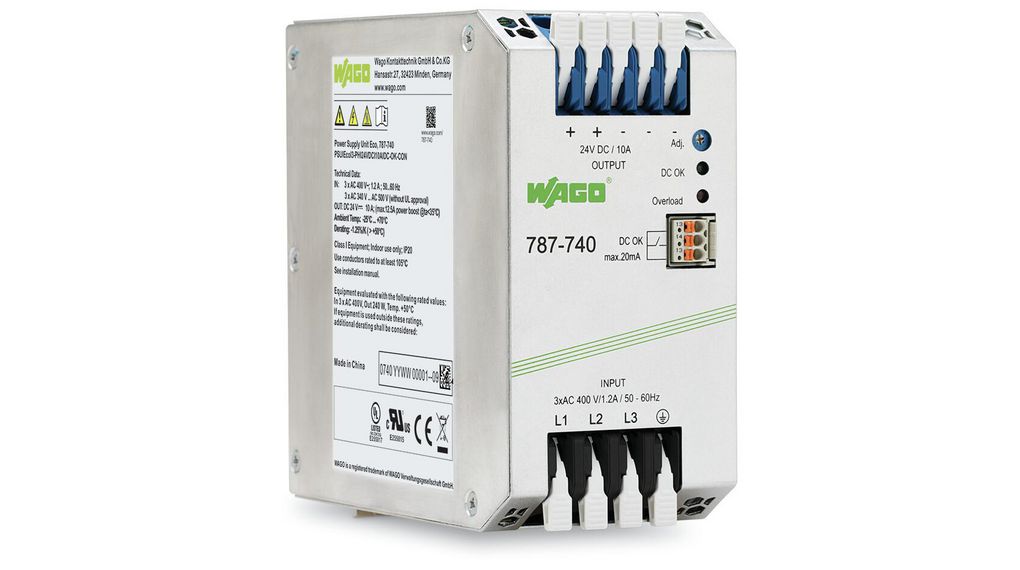 WAGO 787 Switched Mode DIN Rail Power Supply400V AC/DC Input, 10 A OutputDC240 W