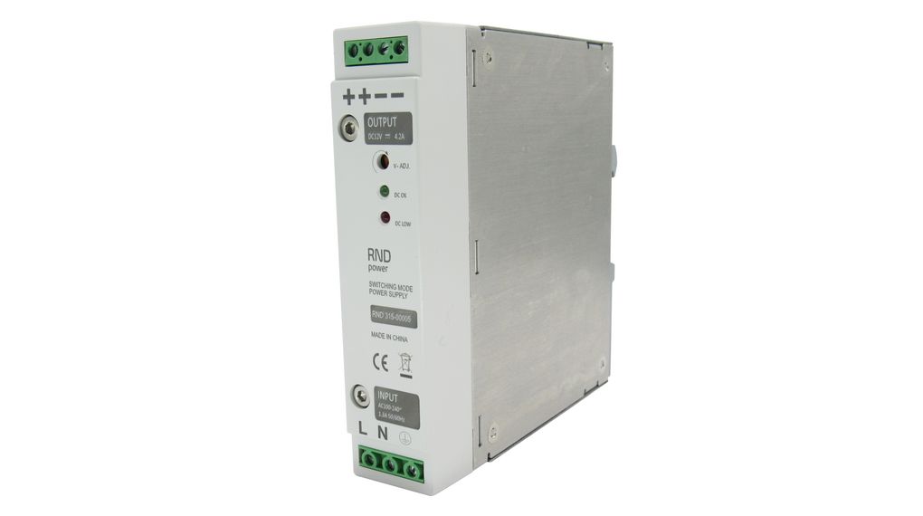AC/DC DIN Rail Mounted Power Supply, 80%, 12V, 4.2A, 50W, Adjustable