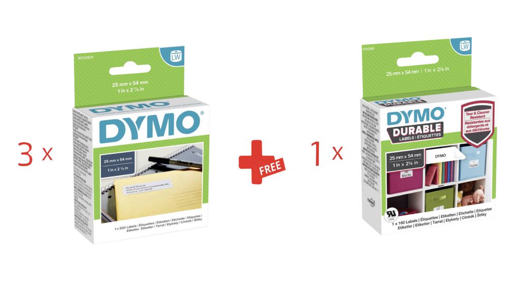 3x Dymo LW Address Labels + 1x Dymo LW Durable Labels, Paper, 25 x 54mm, 500pcs, White