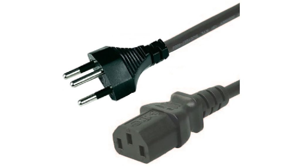 AC Power Cable, CH Type J (T12) Plug - IEC 60320 C13, 2m, Black