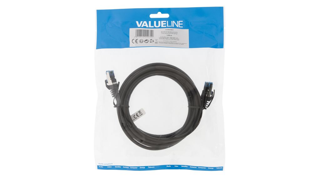 Patch Cable, RJ45 Plug - RJ45 Plug, CAT6a, SF/UTP, 3m, Black