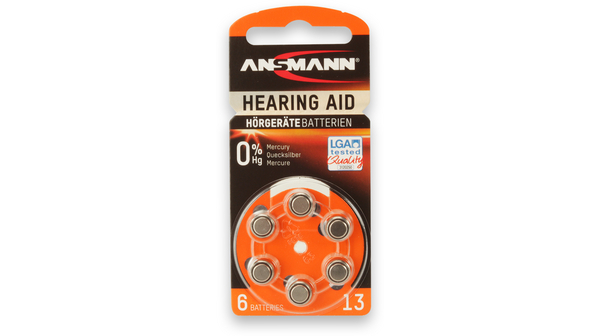 Hearing Aid Battery, Zinc-Air, 1.45V, 310mAh, 6 ST