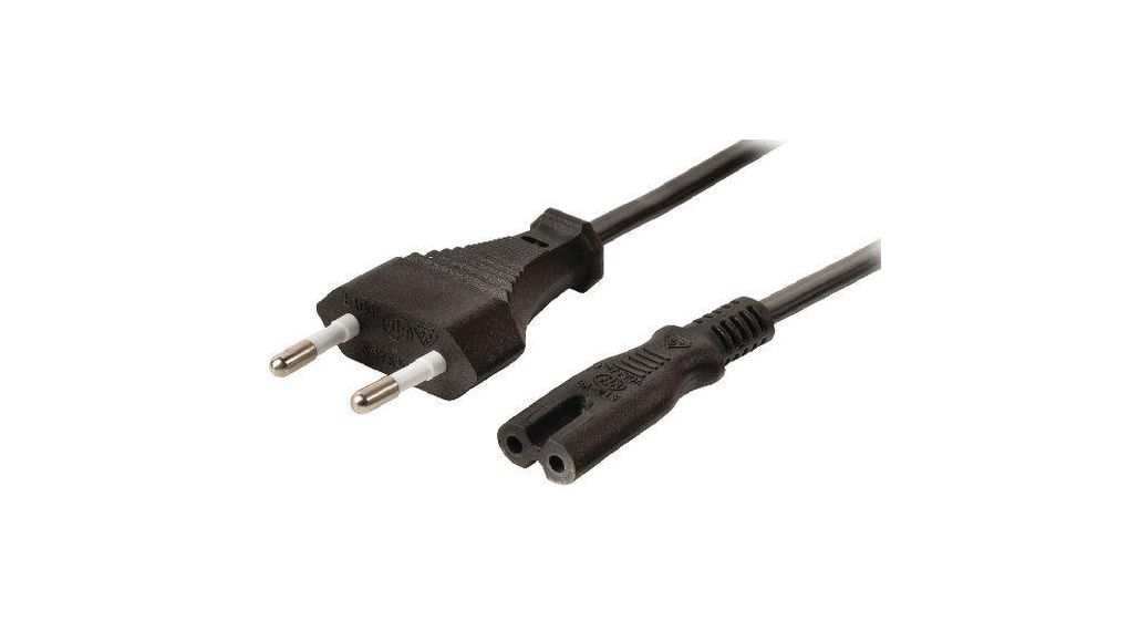 AC Power Cable, Euro Type C (CEE 7/16) Plug - IEC 60320 C7, 2m, Black