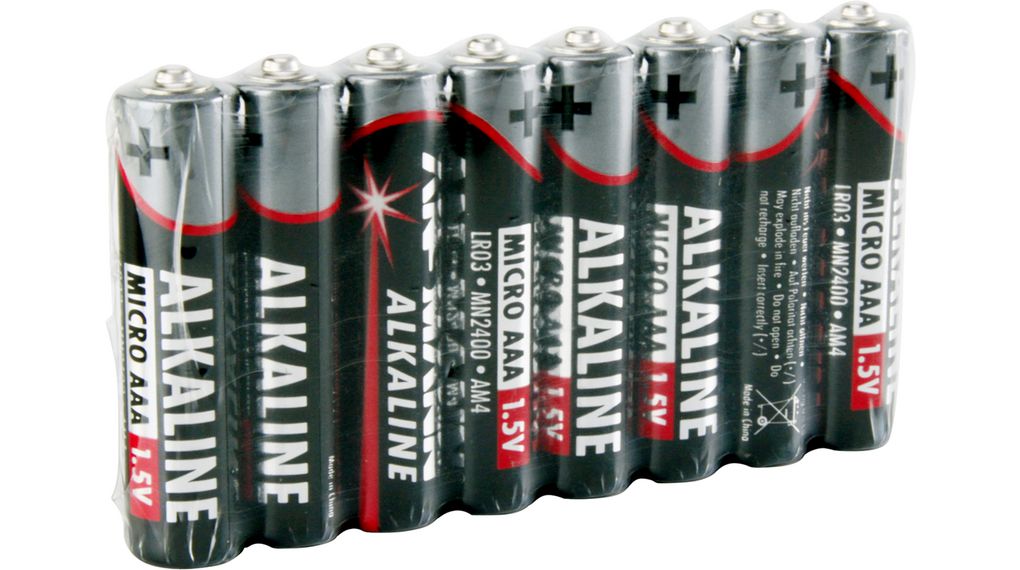Primary Battery, Alkaline, AAA, 1.5V, RED, Pack of 8 pieces