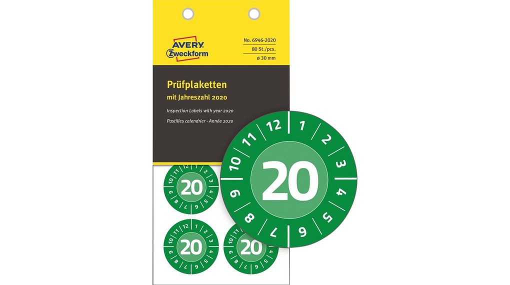 Safety Label, Round, White on Green, Vinyl, Inspection Date, 80pcs