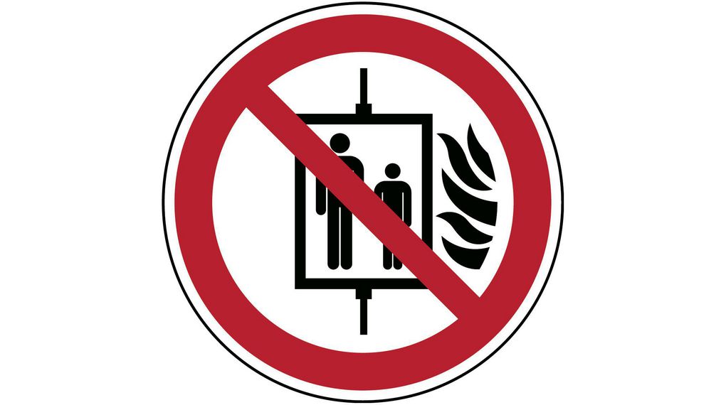 Znak bezpieczeństwa ISO - nie używać windy w przypadku pożaru, Okrągły, Czarny / czerwony na białym, Poliester, Znak zakazu, 1szt.