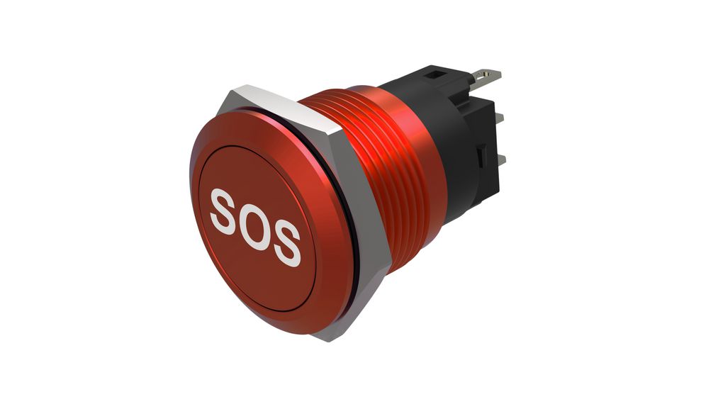 Pushbutton Switch, 1CO, Momentary Function, SOS, Red, 19mm Soldering Terminal