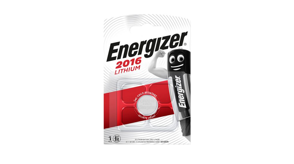 7638900083002  Energizer Pile-bouton, Lithium, CR2016, 3V, 100mAh