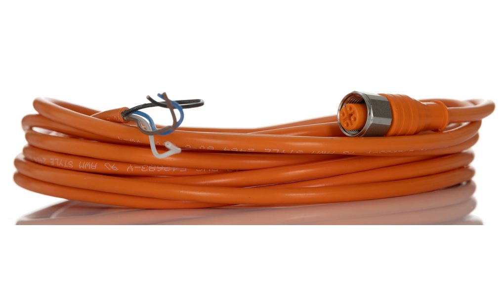 Cordset, M12 Socket - Bare End, 4 Conductors, 5m, IP65 / IP67, Orange