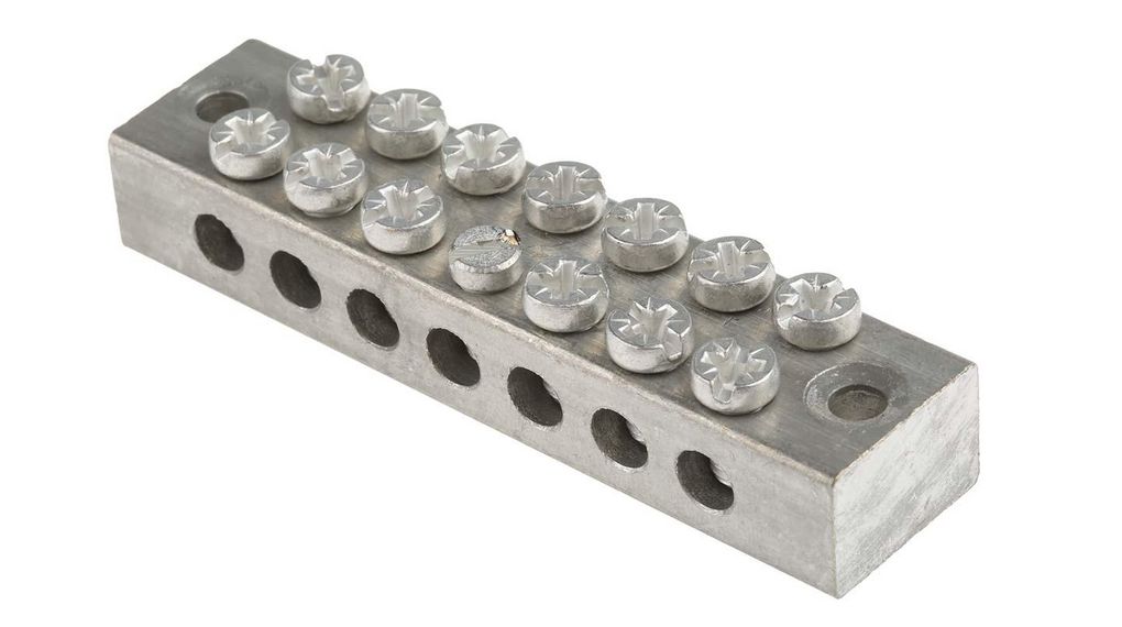 7-Way Double Screw Earth Terminal Block, 0 to 16mm², 0 → 16 AWG Wire, Screw Down, Brass Housing Poler, Paket med 5 delar