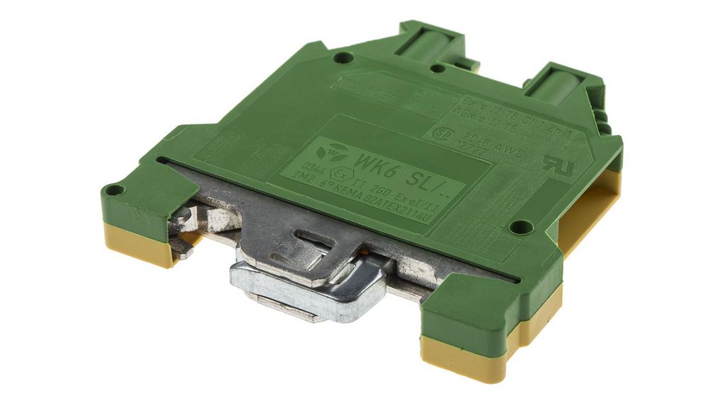 2-Way Earth Terminal Block, 6mm², 20 → 8 AWG Wire, Screw Down, Nylon Housing