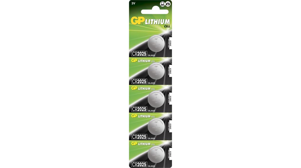 Button Cell Battery, Lithium, CR2025, 3V, 160mAh, Pack of 5 pieces