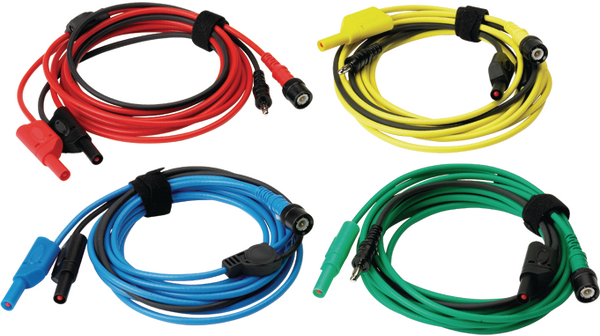 Set von 4 Testleitungen 3 m, BNC-Stecker / 2x Bananenstecker, 4 mm, 3m, Blau, grün, rot, gelb