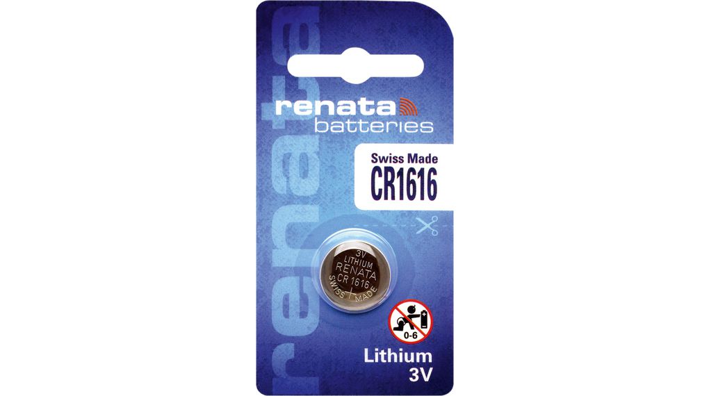 Button Cell Battery, Lithium Manganese Dioxide, CR1616, 3V, 50mAh