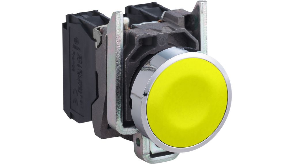 Drucktaster gelb, flach, komplett, metall, Ø22mm, 600V, 1 S, IP69K Tastend 1 Schliesser Bündige Montage Metallic/Gelb