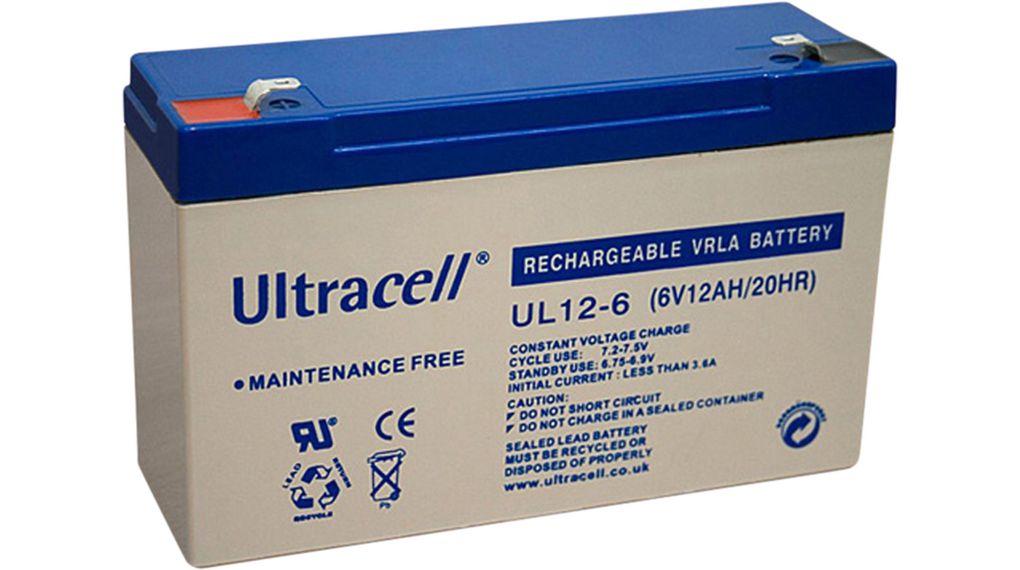 Luminans berolige Herske UL12-6 | Ultracell Genopladeligt batteri, Blysyre, 6V, 12Ah, Fladstik,  4,8/6,3 mm | Elfa Distrelec Danmark