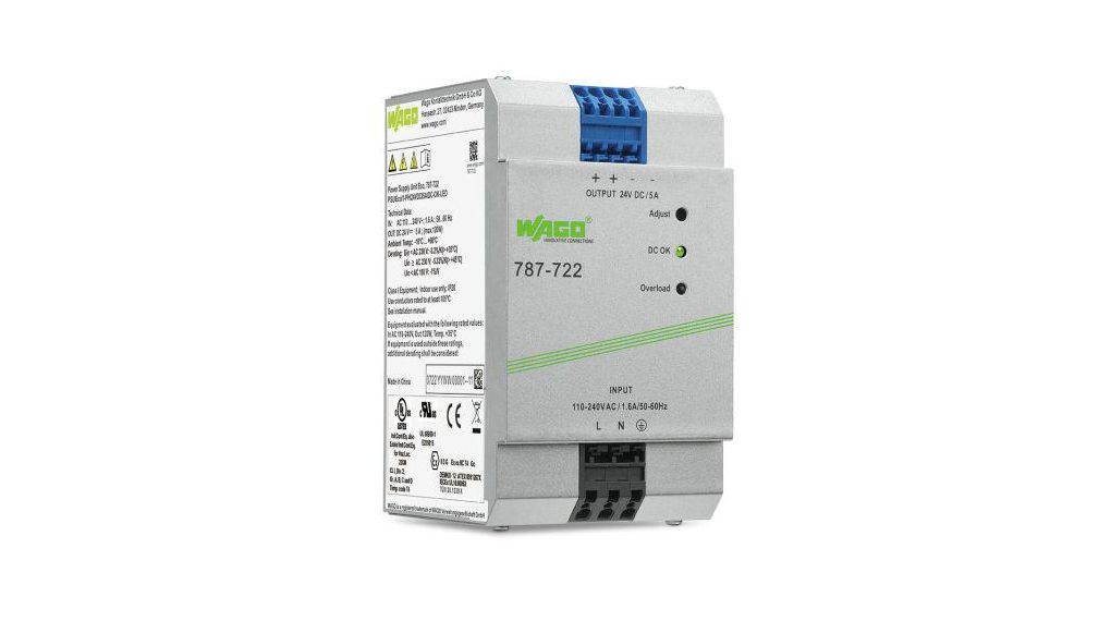 Wago 787 Switch Mode DIN Rail Power Supply, 90 ... 264 V ac, 90 ... 373 V dc ac, dc Input, 24V dc dc Output, 5A Output, 120W