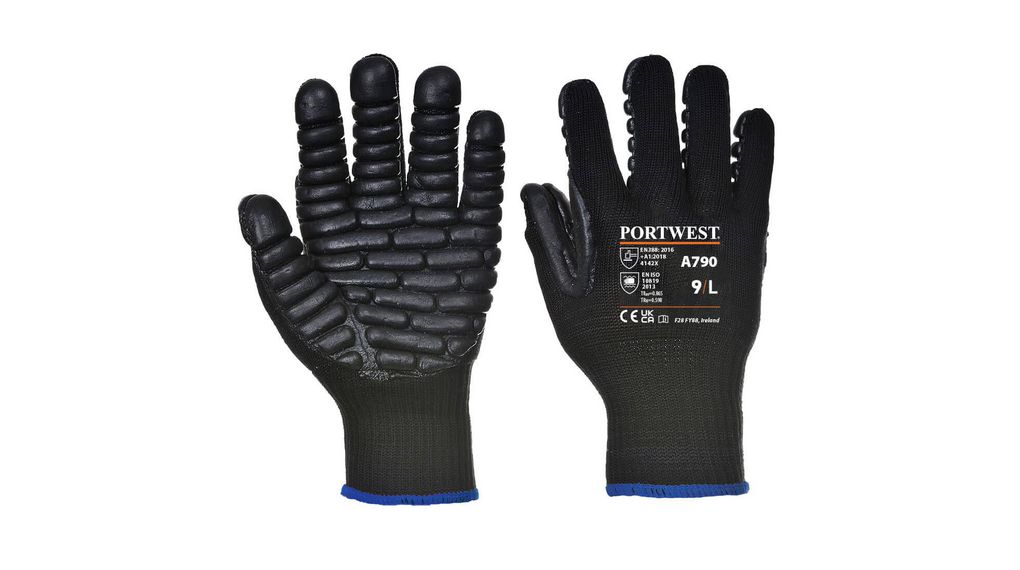 Portwest Hand Protection Black Elastic, Polyester, Rubber Chloroprene Anti-Vibration Work Gloves, Size M