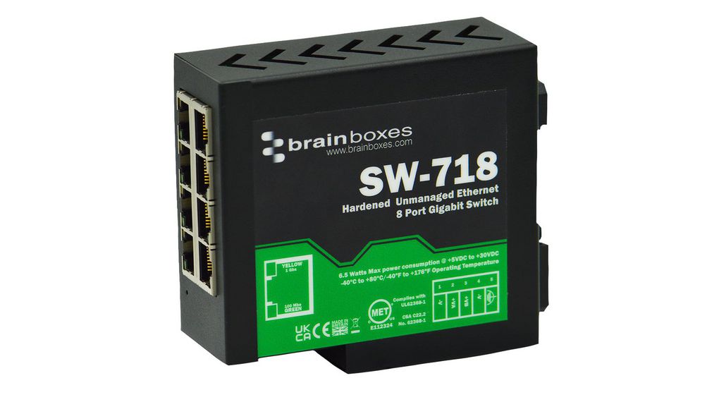 Brainboxes Industrial Ethernet Switch, 8 RJ45 Ports