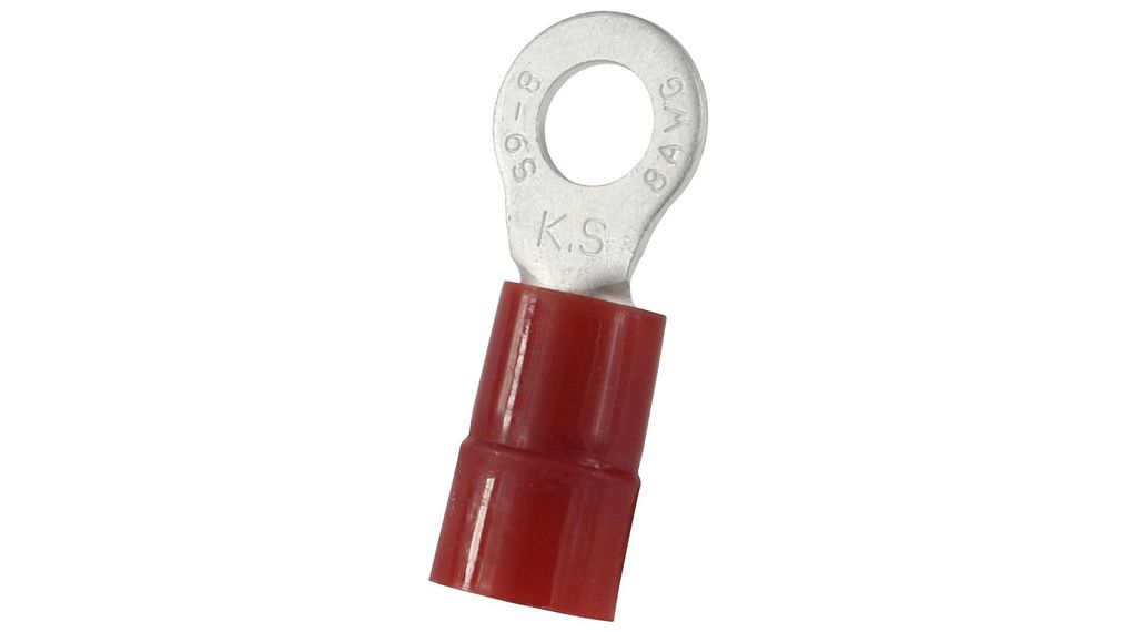 Insulated Ring Terminal, 6.4mm Stud Size, 8mm² to 8mm² Wire Size, Red, 100 ST