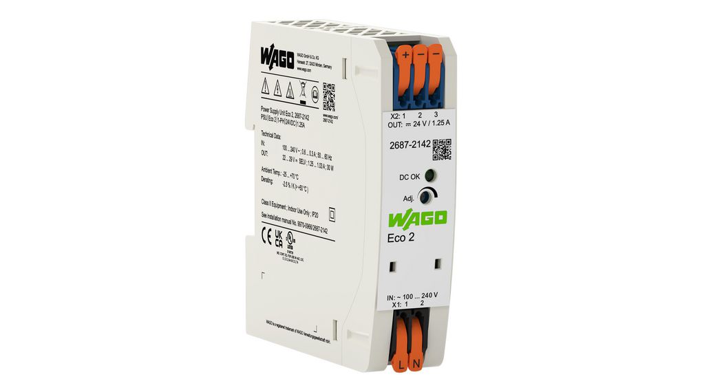 WAGO DIN Rail Power Supply, 90 → 264V, 24V dc, 1.25A Output, 30W