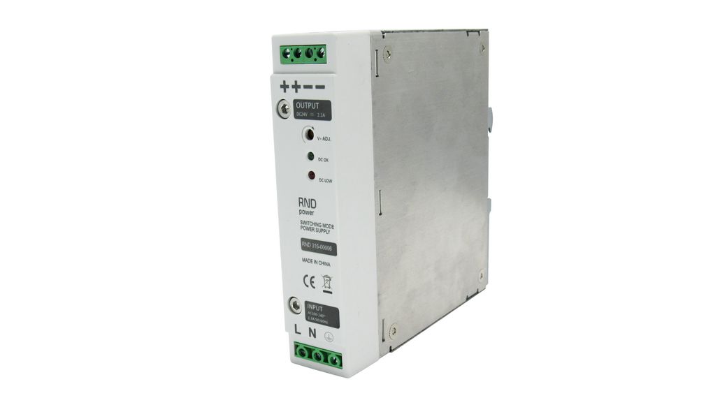AC/DC DIN Rail Mounted Power Supply, 83%, 24V, 2.2A, 50W, Adjustable