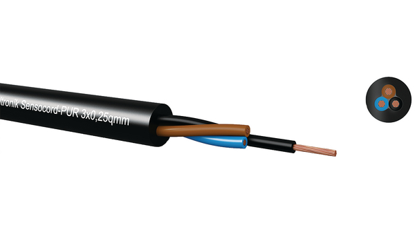 Multicore Cable, YY Unshielded, Polyurethane (PUR), 3x 0.34mm², 100m, Black