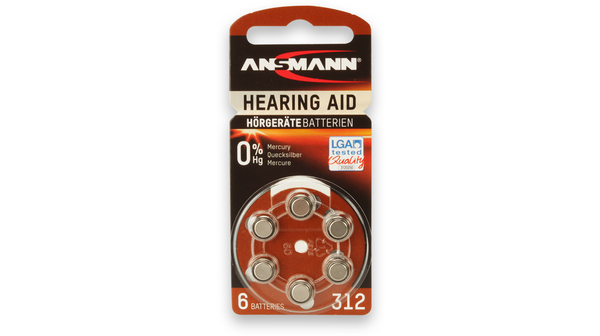 Hearing Aid Battery, Zinc-Air, 1.45V, 180mAh, 6 ST