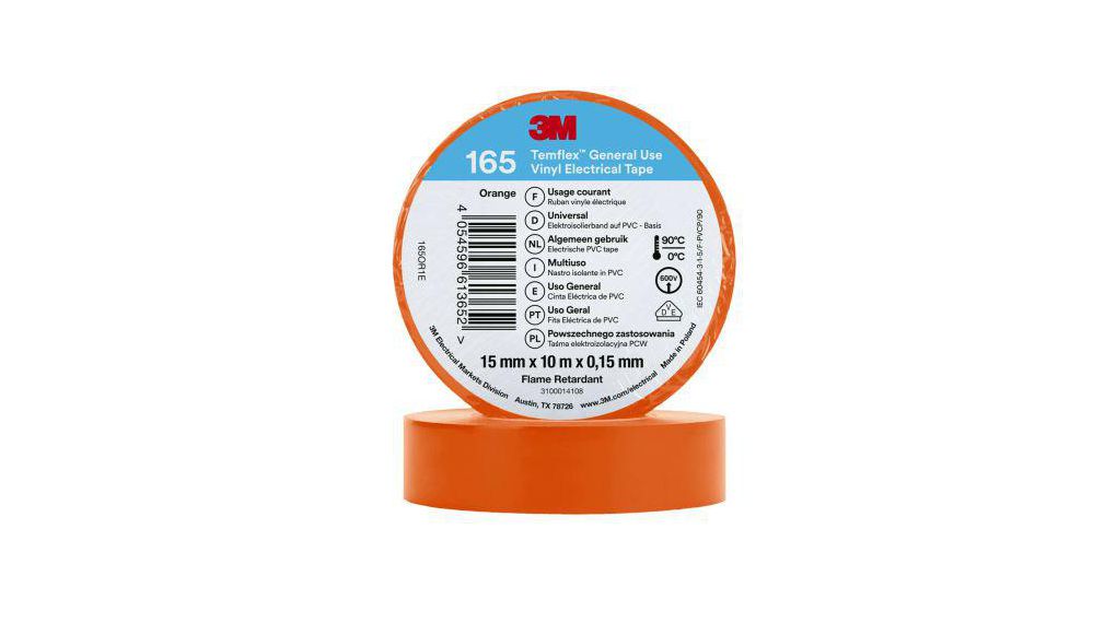 3M Temflex 165 Orange Vinyl Electrical Tape, 15mm x 10m