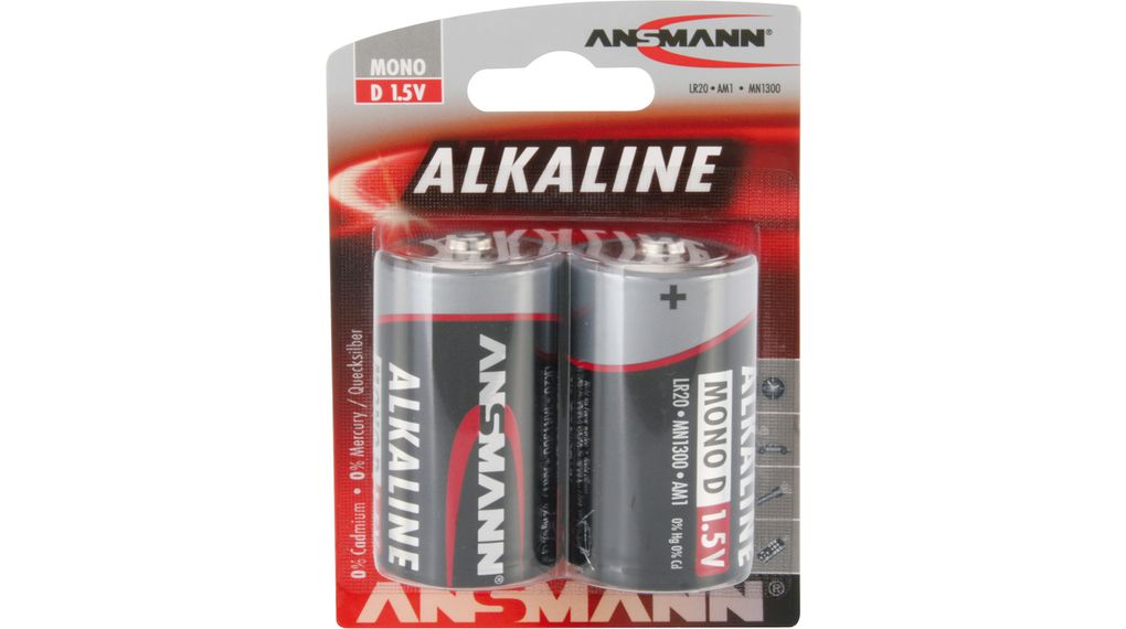 Primært batteri, Alkaline, D, 1.5V, RED, Pakke med 2 stk.