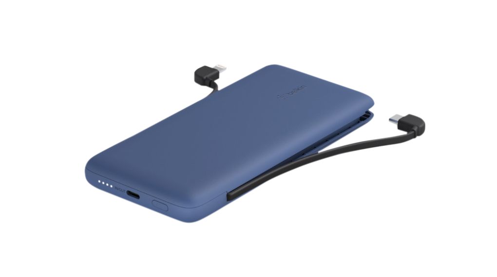Powerbank with Integrated Cables, 10Ah, Apple Lightning / USB C-stekker, Blauw