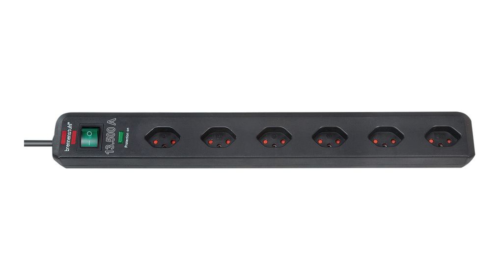 Stopcontact Eco-Line 6x CH-socket type J (T13) - CH-stekker type J (T12) Zwart 1.5m