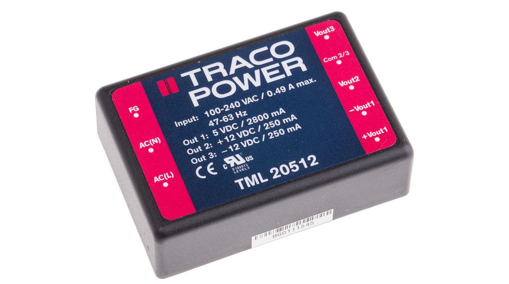 Switching Power Supply, TML 20512 3 Output12 V20 W264V, 20W