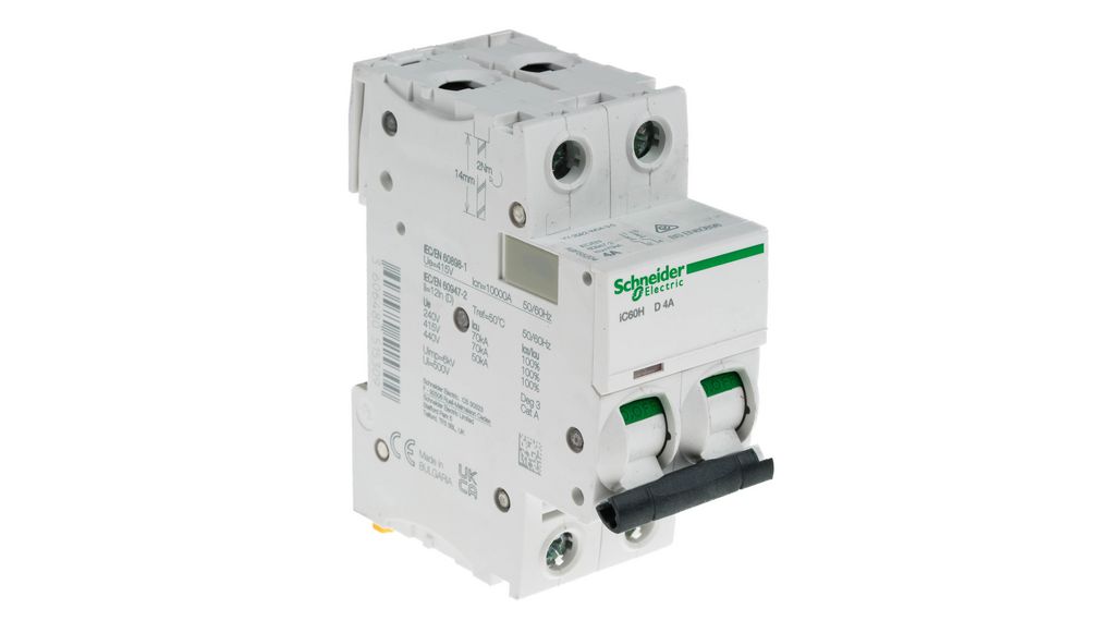 Schneider Electric Acti 9 iC60H MCB, 2P, 4A Curve D, 440V AC, 100 → 133V DC, 10 kA Breaking Capacity