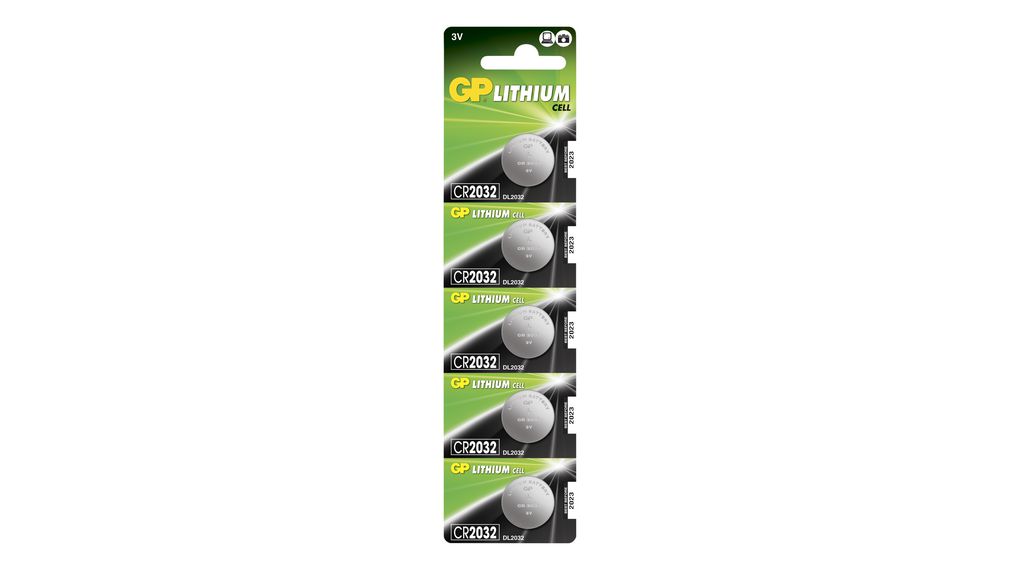 Button Cell Battery, Lithium, CR2032, 3V, 220mAh, Pack of 5 pieces