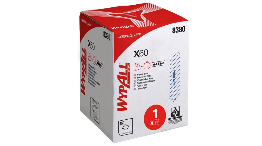 X60 General Clean Cloths 8380 Blue Cloths for Medium Duty Cleaning, Dry Use, Roll of 150, 423 x 247mm, Repeat Use